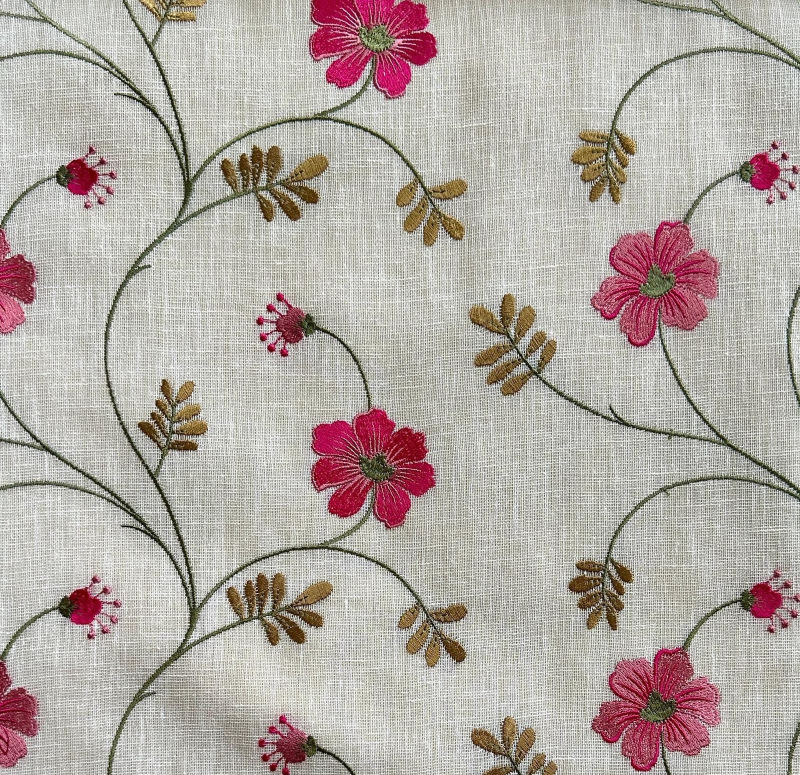Floral Embroidered Linen Blend Curtain, Dark Rose Pink & White, photo 1 of 9