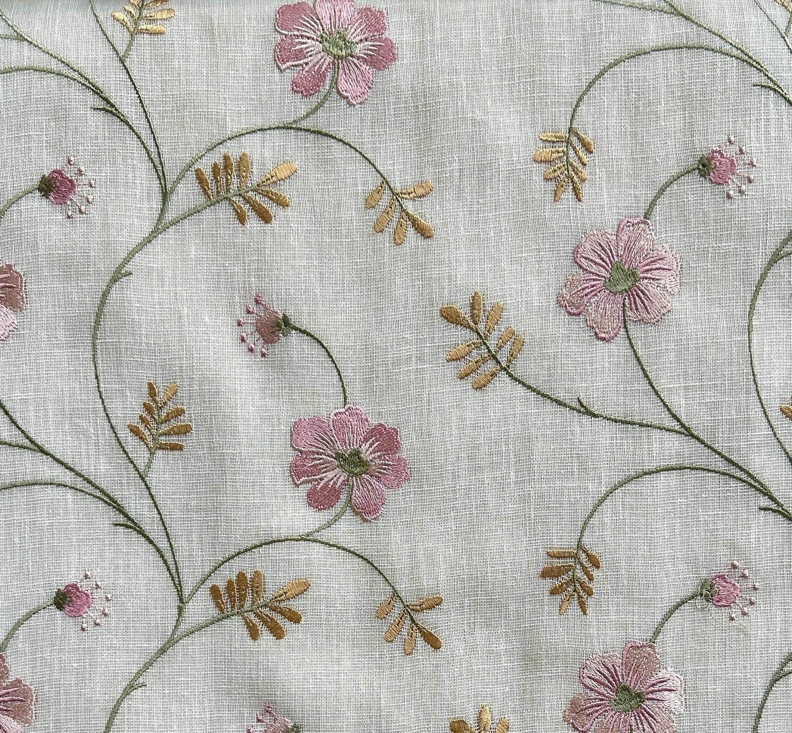 Floral Embroidered Linen Blend Curtain, Pink & White, photo 1 of 6