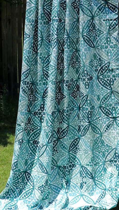 Custom Teal Blue Floral Embroidered Curtain: Boho Chic Linen Blend — photo 1