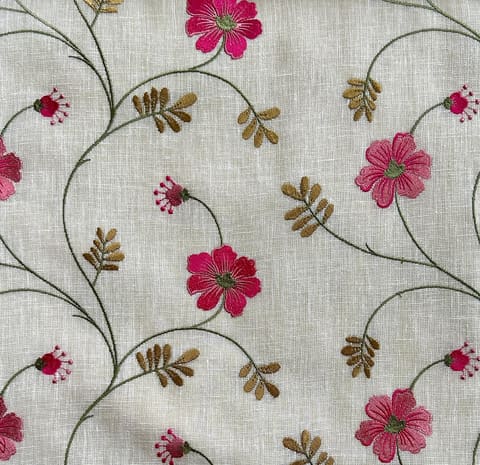 Floral Embroidered Linen Blend Curtain: Dark Rose Pink & White — photo 1