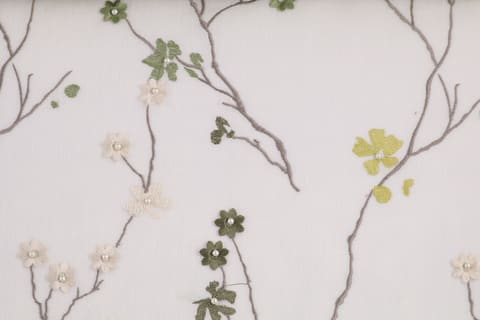 Floral Embroidered Sheer Curtain: White Olive Green Fabric — photo 1